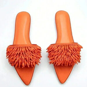 Orange Funky Women's Bead Embroidery Decorated Fabric Flat Comfortable Sandals